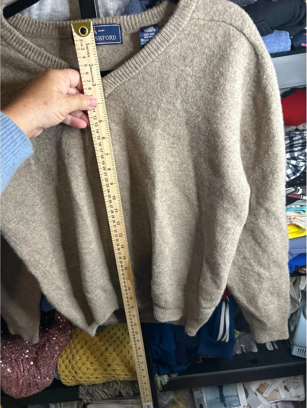 John Ashford 100% Pure New Wool V-Neck Sweater Beige Medium